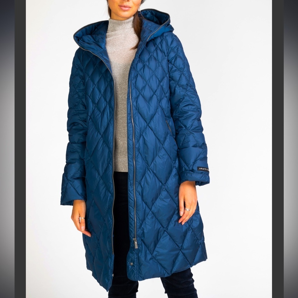 Quilted Hooded Long Coat - Navy Blue